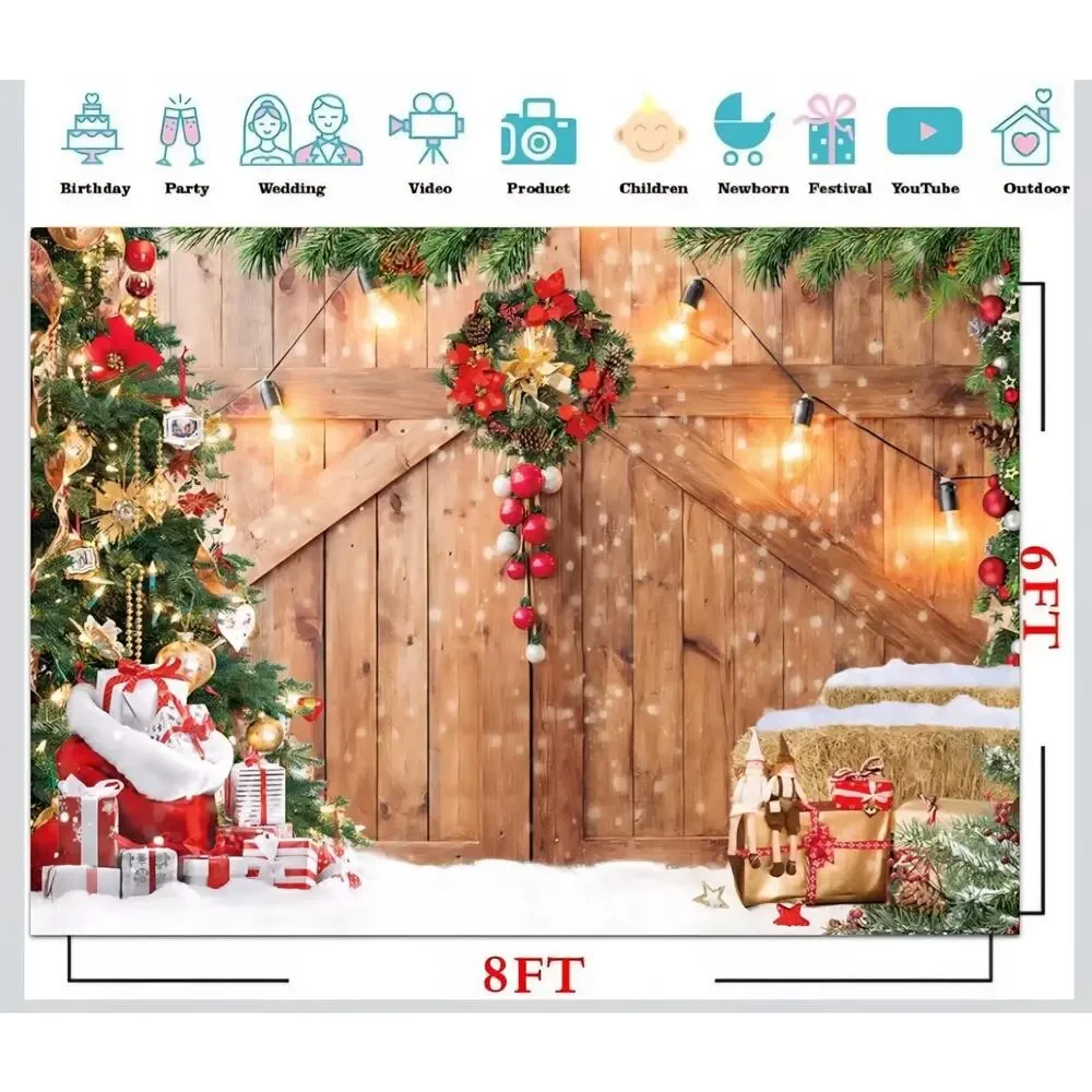 8x6FT Christmas Backdrop for Photography Winter Christmas Rustic Barn Wood Door